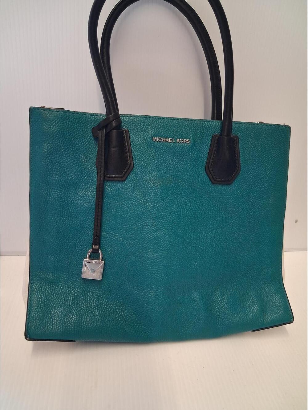 Michael Kors Teal Leather Tote Bag with Black Handles